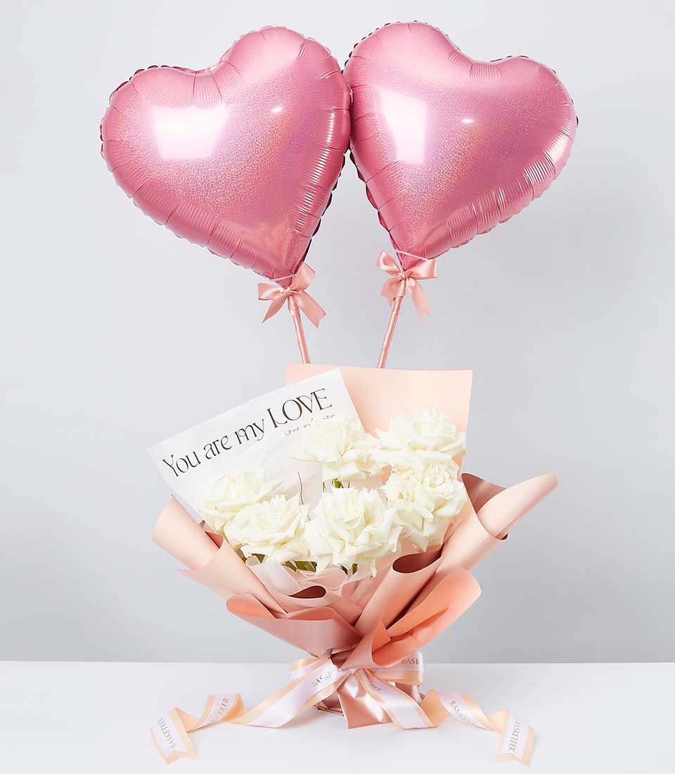 Pink heart balloons with white rose bouquet, peach and pink wrapped gift set