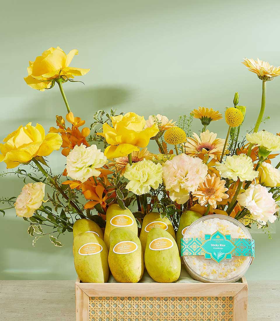 Tropical Bliss Mango gift basket with fresh OAK RONG mangoes, sticky rice, and yellow roses