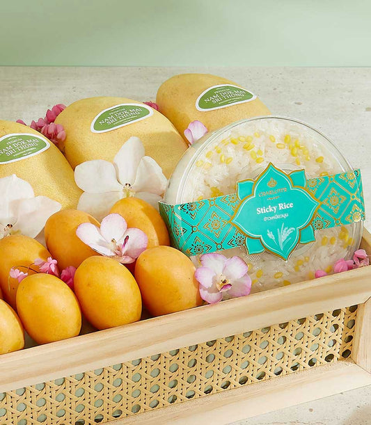 Premium Thai mango and tropical fruit gift basket with sticky rice and orchids