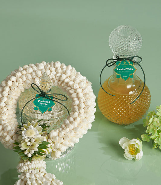 Traditional Songkran garland gift set with perfumed powder, scented water, and white jasmine flowers
