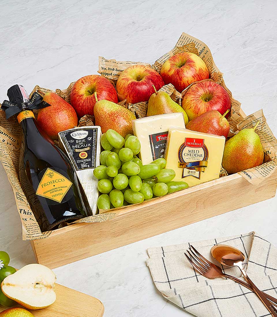 Gourmet fruit and cheese gift hamper with Prosecco, Brie, cheddar, fresh pears, apples and grapes in wooden tray