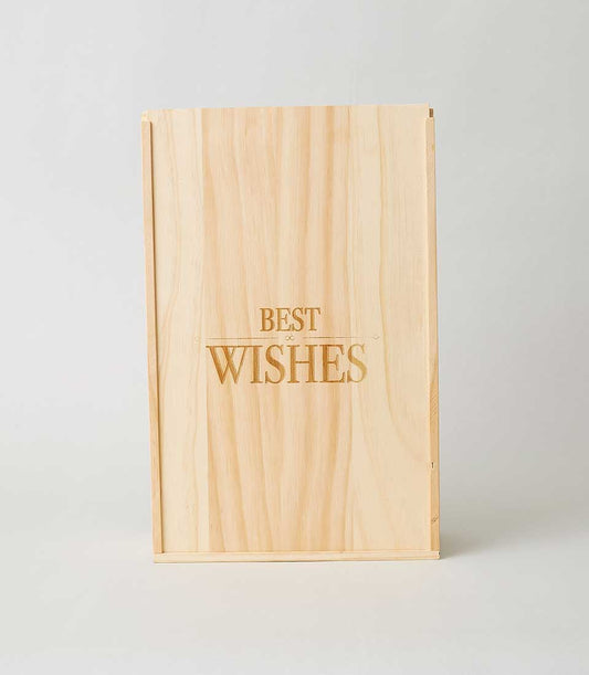 Natural pine wooden gift box with sliding lid and "Best Wishes" engraving, two-compartment luxury presentation box