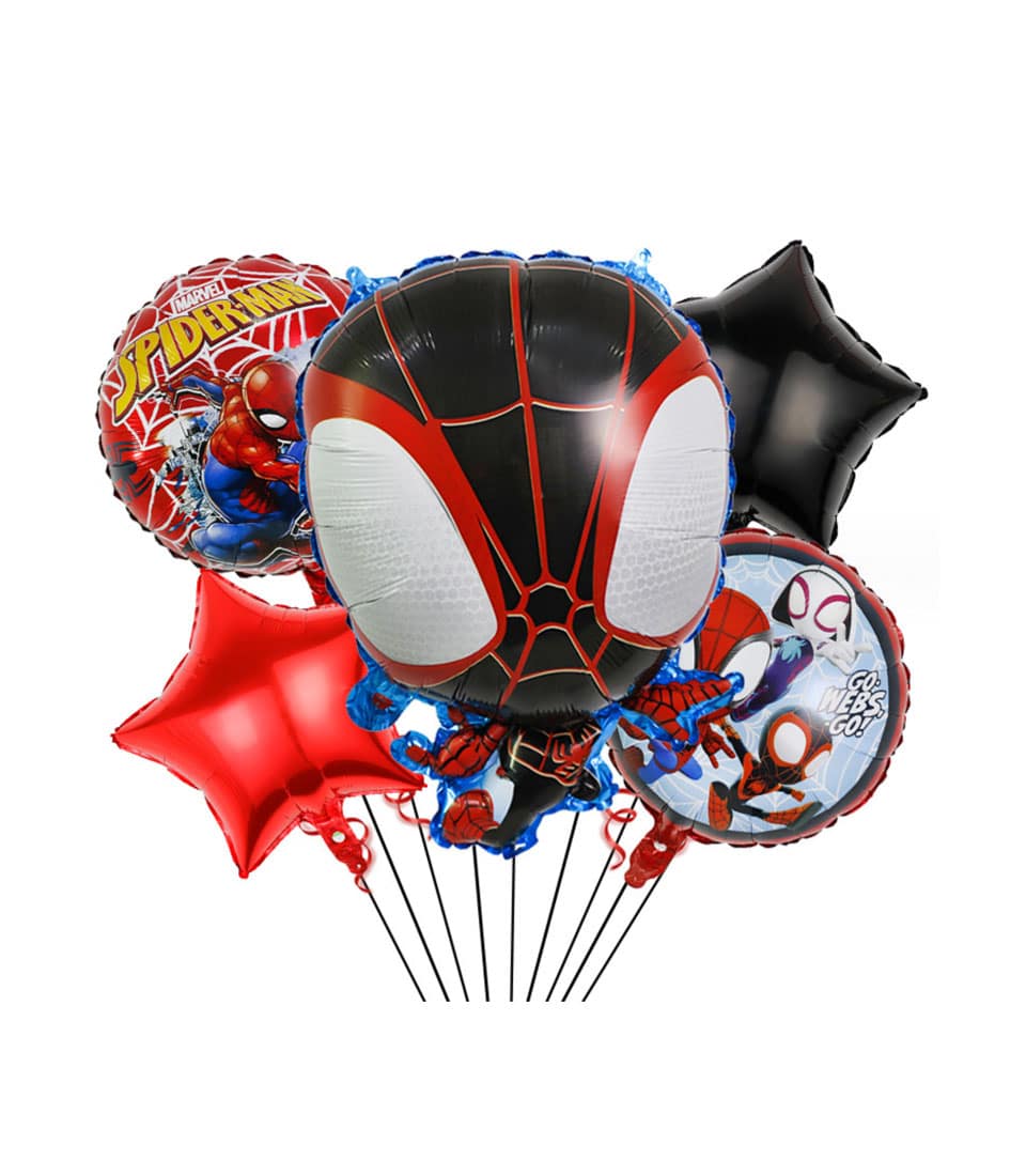 Spider-Man foil balloon bouquet with mask, character, and star shapes for kids' birthday parties
