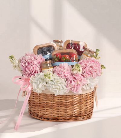 Basketeer premium wellness gift basket with fresh blueberries, raspberries, strawberries,