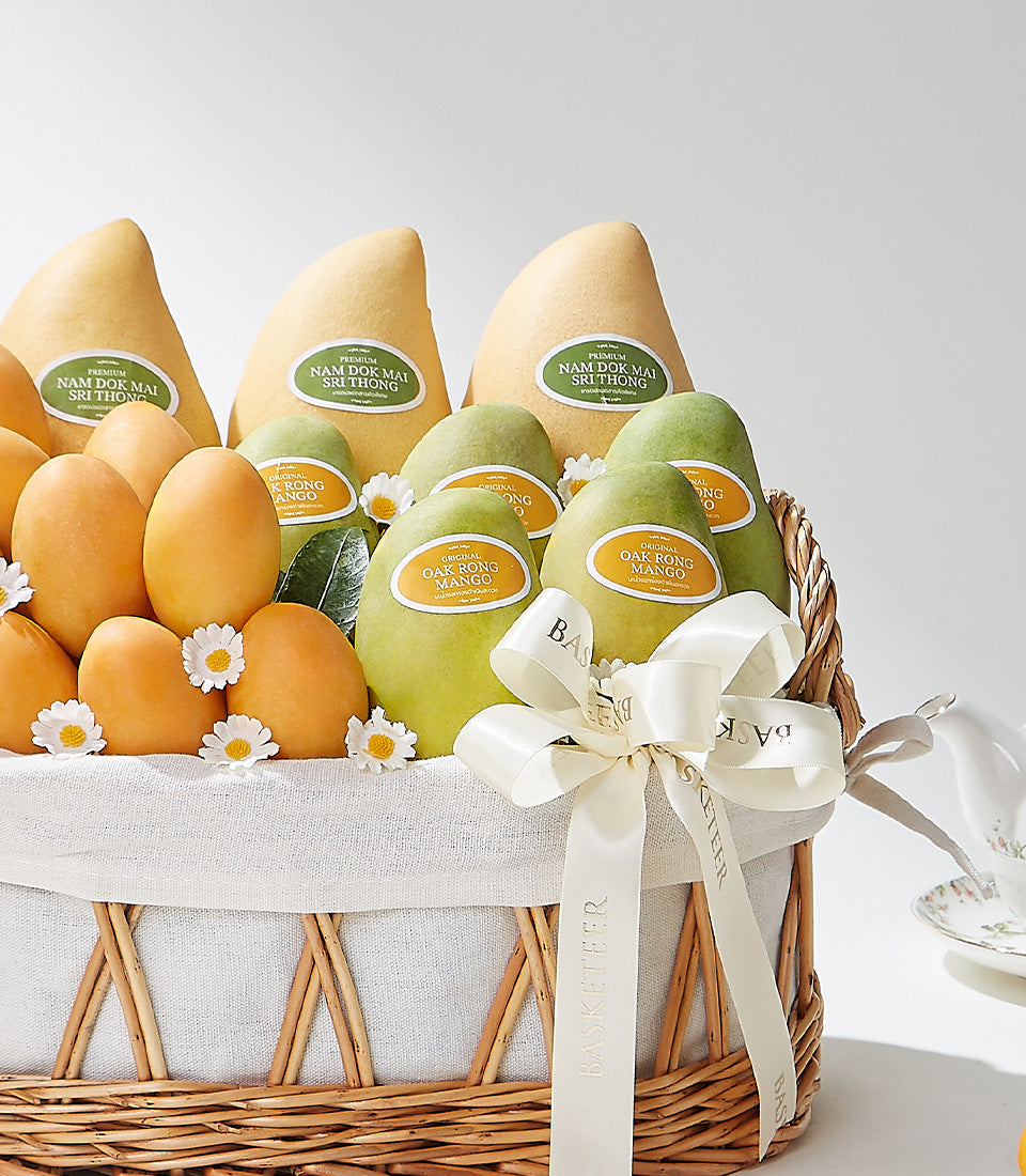Premium Thai mango gift basket with Nam Dok Mai and Oak Rong varieties in woven wicker