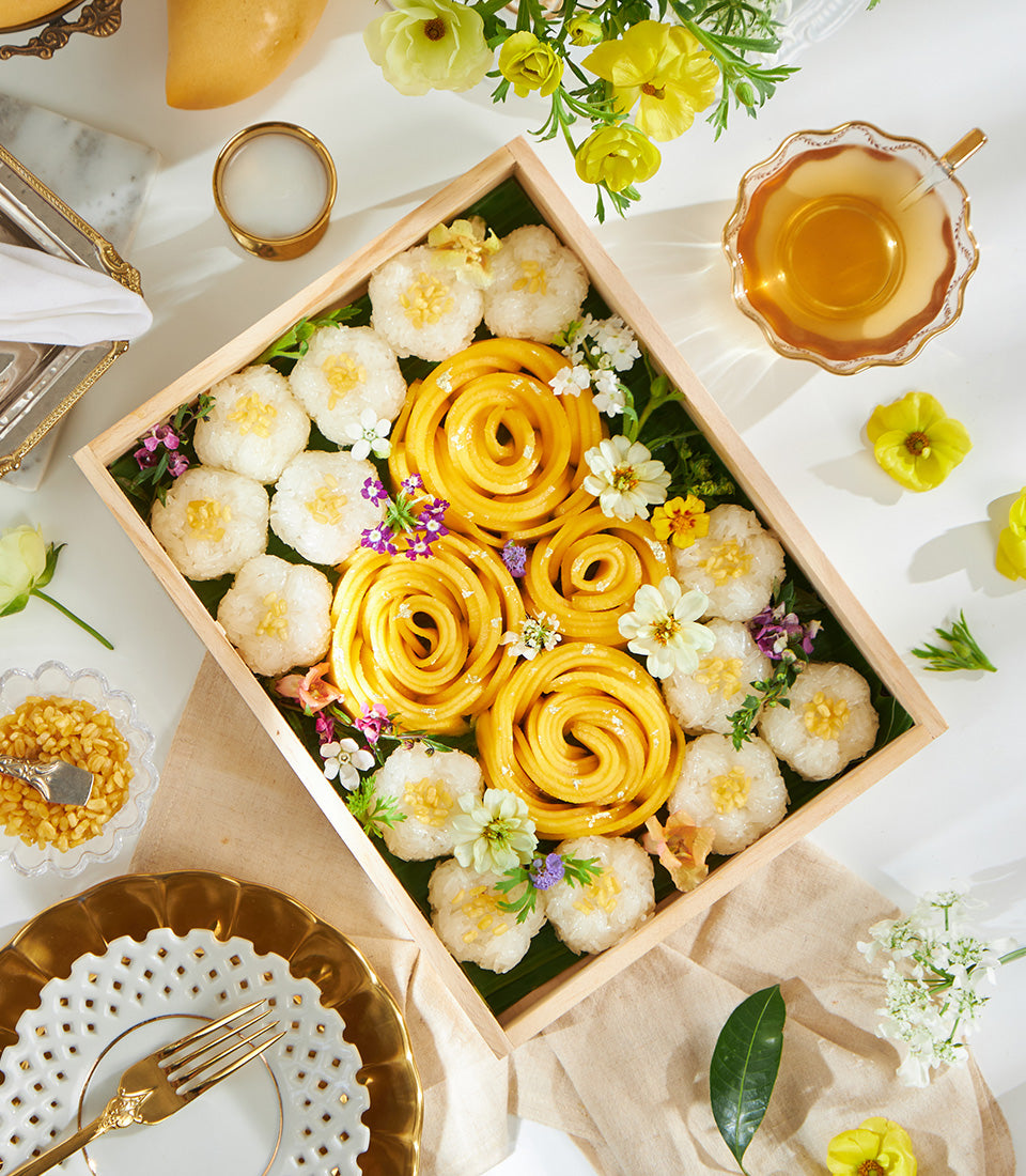 Golden Blossom mango sticky rice gourmet gift box with artisan mango rose spirals and Thai tropical fruit dessert