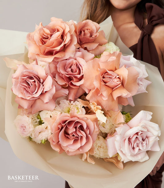 Peach and dusty rose bouquet with cream filler flowers, Valentine's gift for her