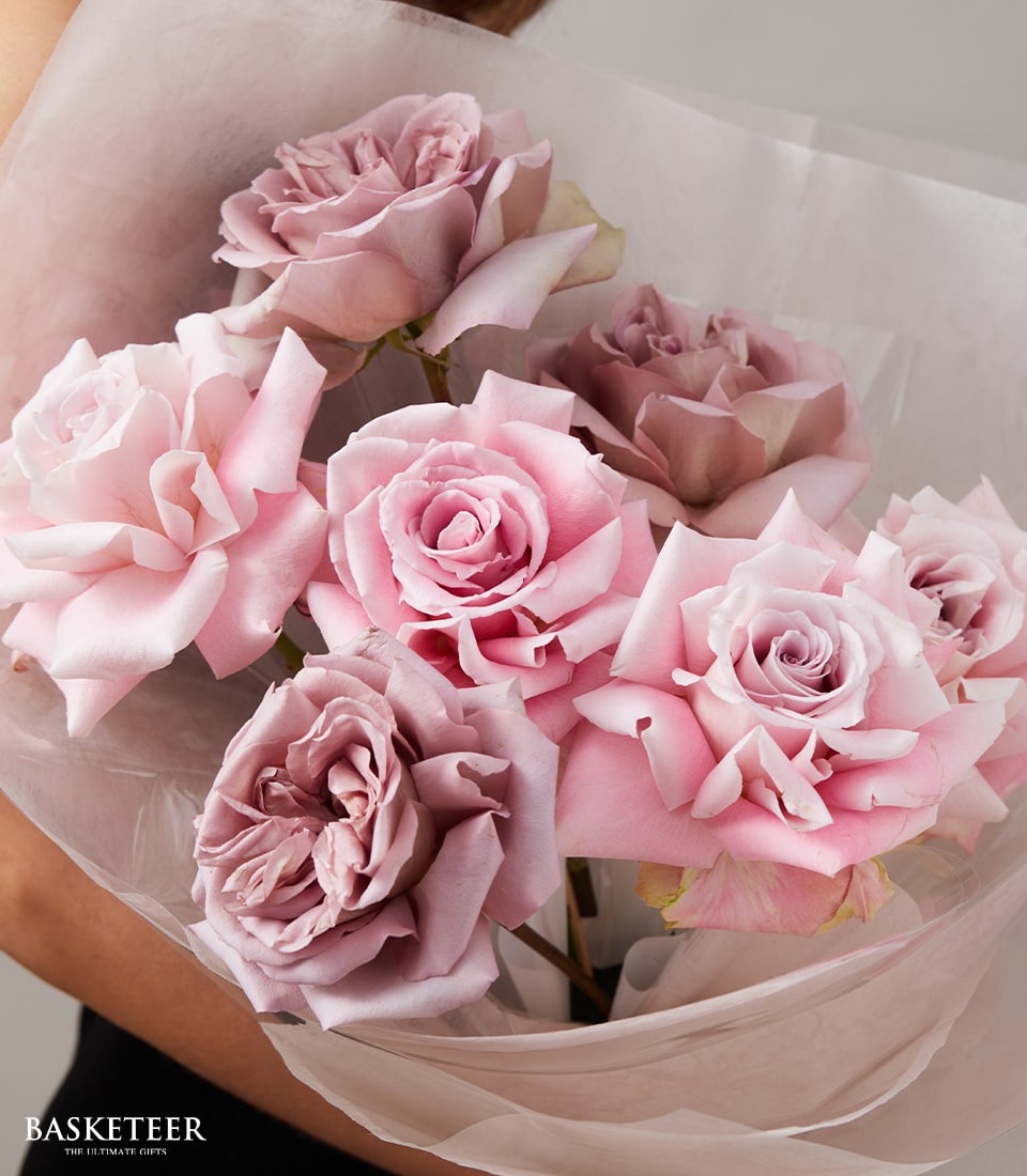 Blushing Grace pastel pink and mauve rose bouquet, Ecuador-sourced premium flowers for anniversaries