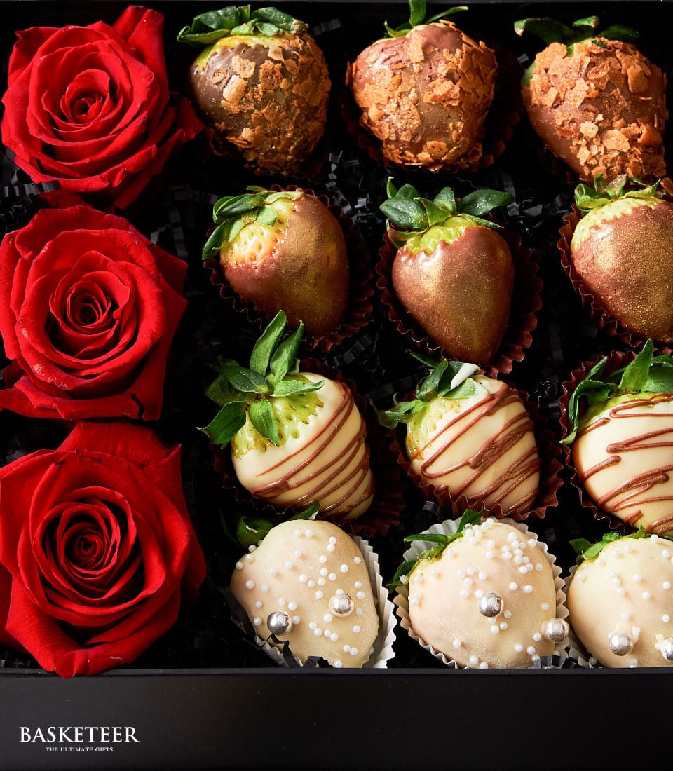 Red roses and chocolate-dipped strawberries luxury gift box for Valentine's Day