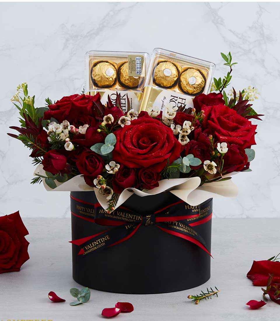 Luxury red roses with Ferrero Rocher chocolates in black gift box, Valentine's Day arrangement