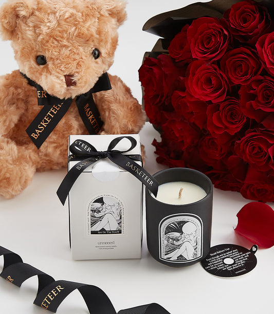 Deep red roses with teddy bear and scented candle Valentine gift set