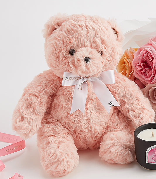 Pastel rose bouquet with fluffy pink teddy bear, scented candle Valentine gift set