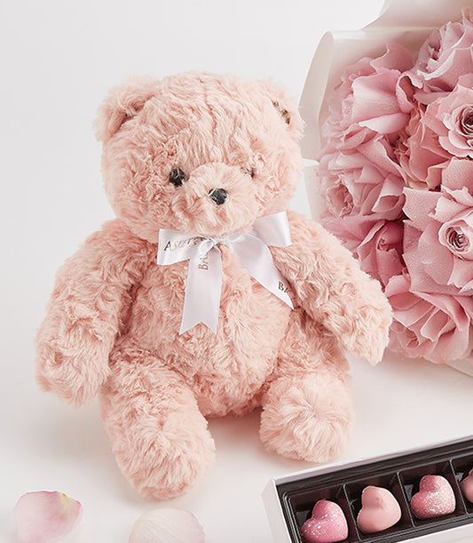 Luxury Valentine's rose and chocolate gift set with pink teddy bear, fresh Ecuador roses, and heart-shaped chocolates