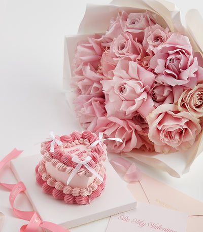 Pink roses bouquet with heart-shaped cake, Valentine's Day gift set