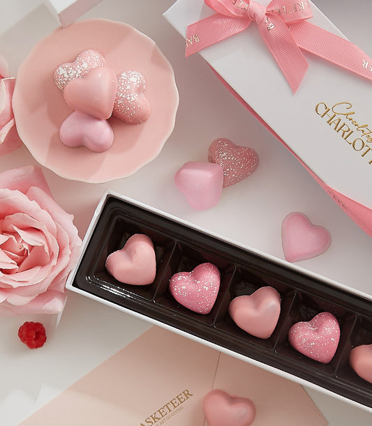 Pink raspberry passion heart-shaped chocolates with rose, Valentine's luxury gift set