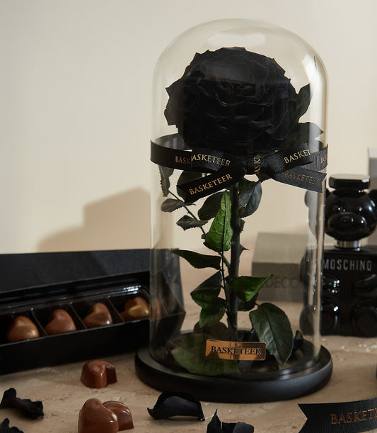 Luxury Valentine gift set with preserved black rose in glass cloche, heart-shaped chocolates, and Moschino teddy bear bottle