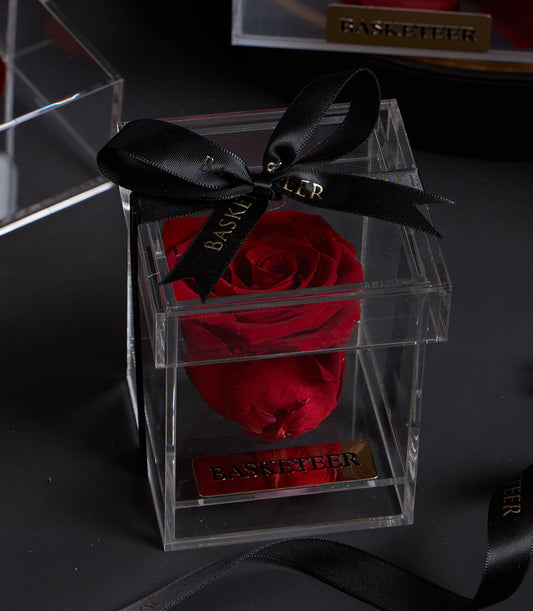 Eternal red preserved rose in clear acrylic VIP box with black satin ribbon, luxury Valentine's gift