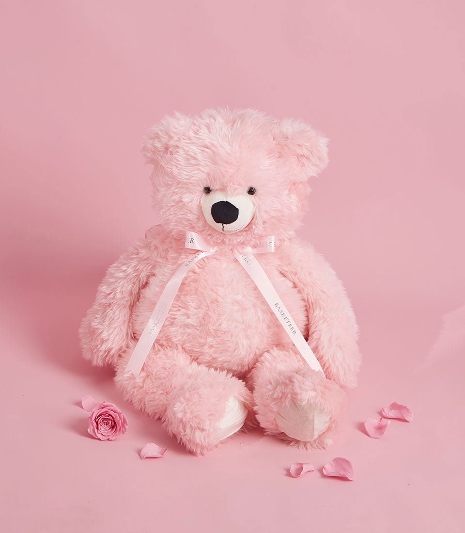 Light pink preserved roses and teddy bear Valentine gift set on pink background