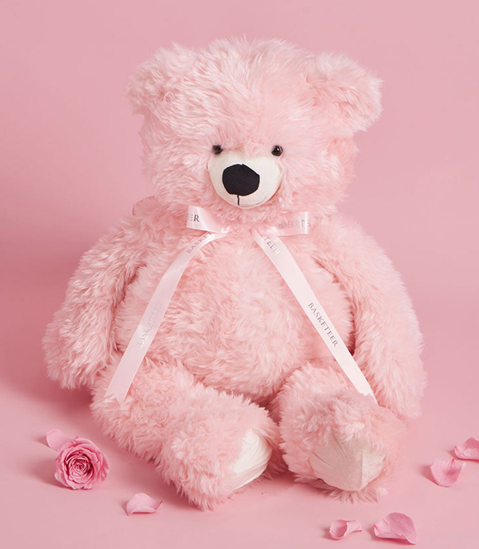 Soft pink 70cm teddy bear with ribbon, Valentine's Day gift with rose petals