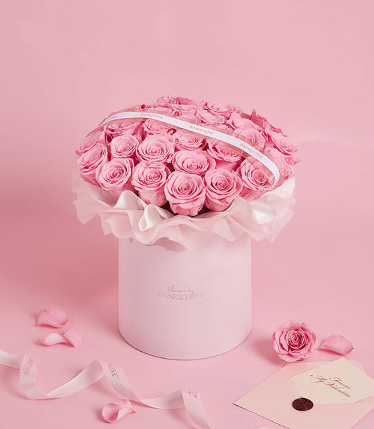Luxury pink preserved roses in hatbox with blush teddy bear, Valentine's Day gift set