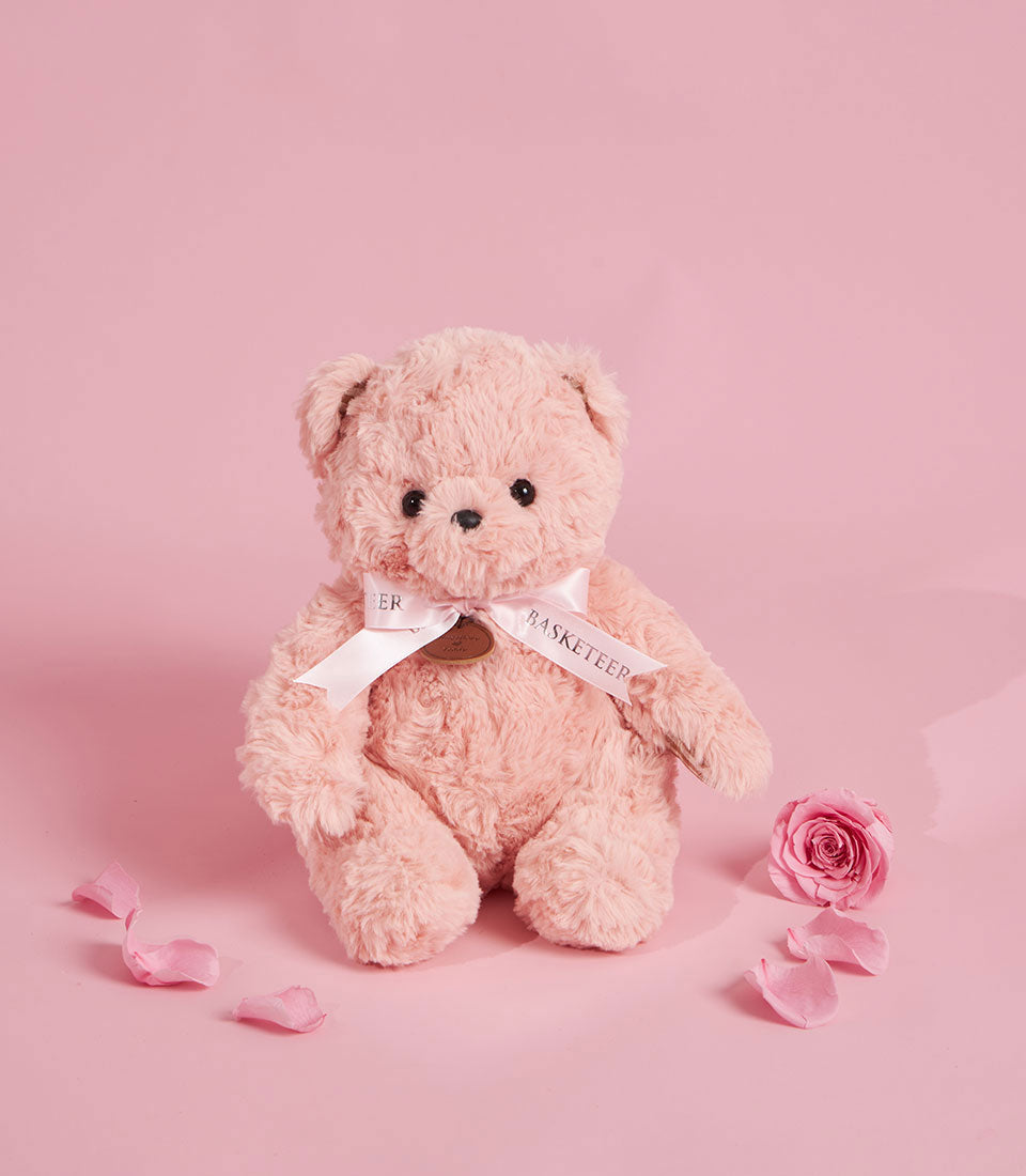 Sweet pink preserved roses with blush teddy bear Valentine's gift set