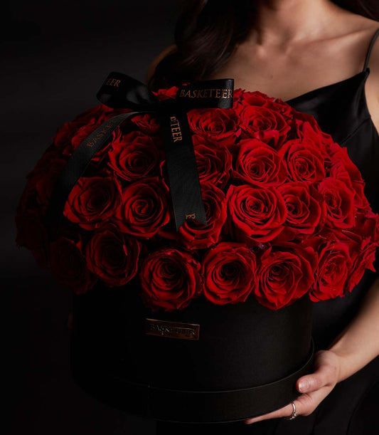 Luxury red preserved roses in black hat box with gold plaque, Valentine's Day gift
