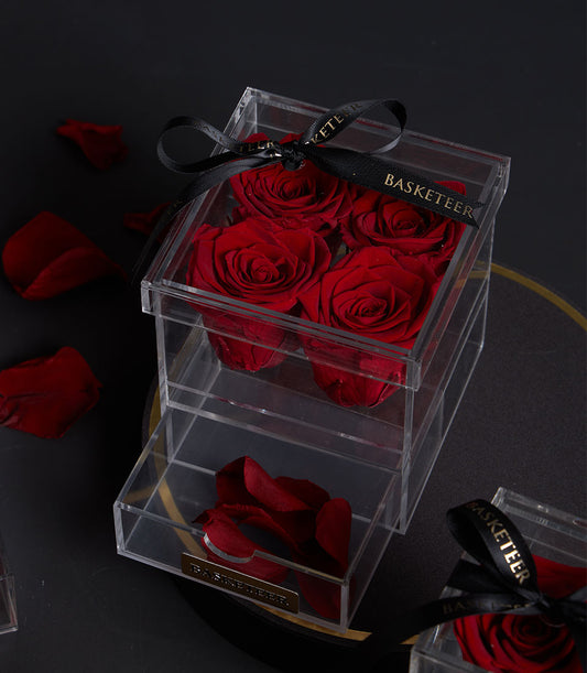 Luxury red preserved roses in clear acrylic VIP box with black ribbon, Valentine's gift