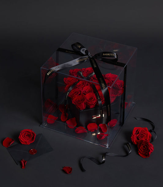 Luxury red preserved roses in acrylic box with black satin ribbon, Valentine's Day gift