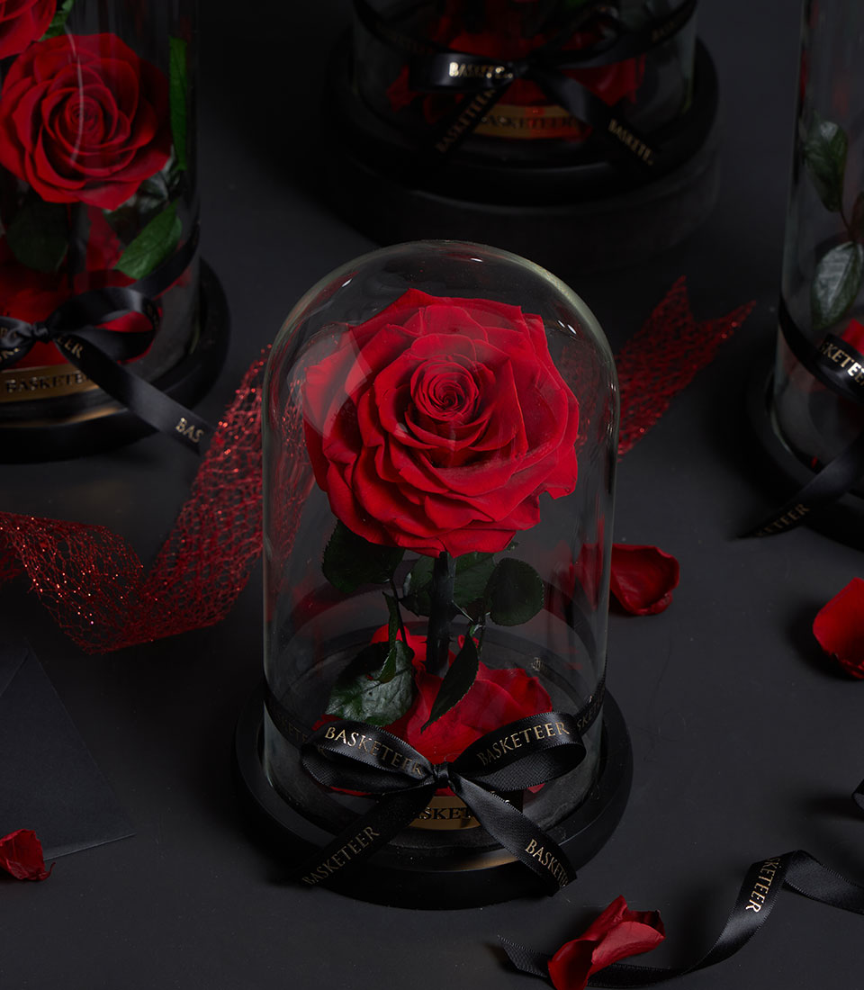 Close-up of a single eternal red rose from Flowers by Basketeer, preserved in a glass dome with a black ribbon. Perfect flower delivery Bangkok gift.