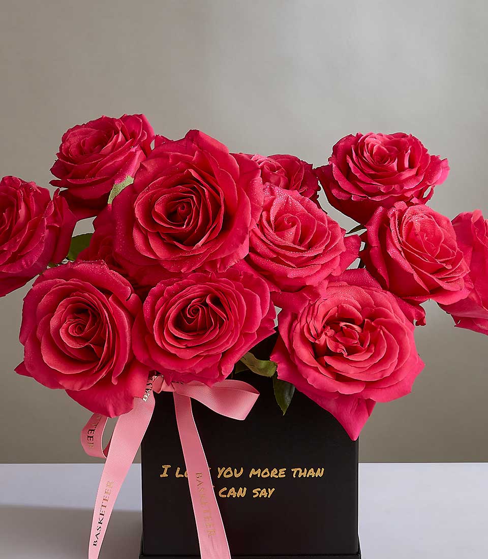 Pink roses in black luxury box with gold sentiment message, fresh Ecuador-sourced blooms for birthdays and celebrations