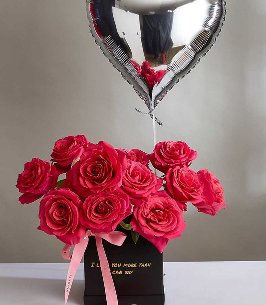 Pink roses in black luxury box with silver heart balloon, Valentine's Day gift set