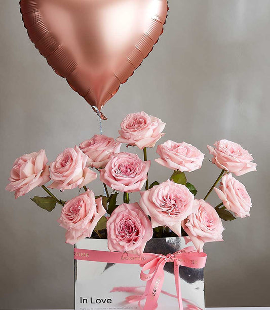 Light pink roses in silver box with rose gold heart balloon, Valentine's Day gift set