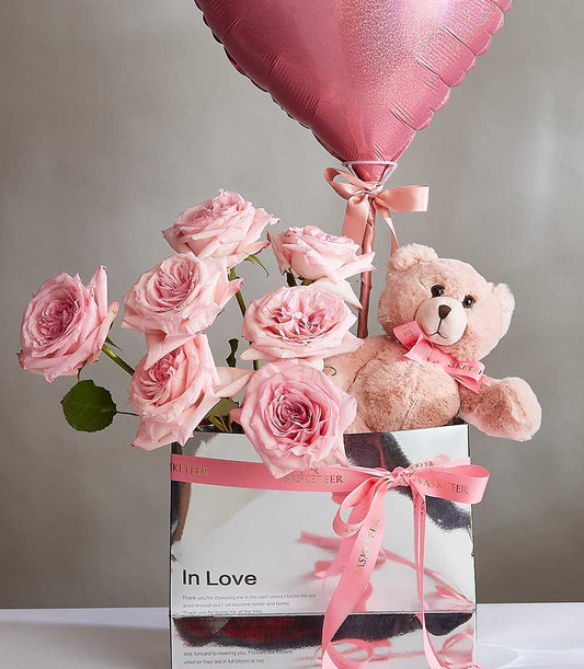 Light pink rose bouquet with heart balloon and teddy bear in silver gift box, Valentine's Day combo arrangement