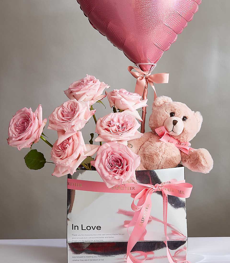 Light pink rose bouquet with heart balloon and teddy bear in silver gift box, Valentine's Day combo arrangement