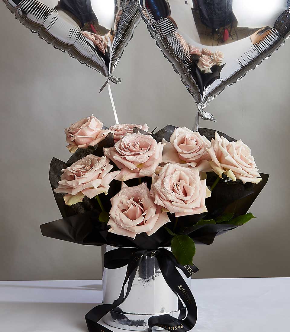 Light pink rose bouquet with heart balloons in silver hammered vase, Valentine's Day gift set