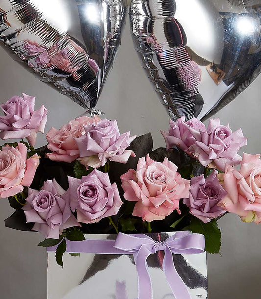 Pink and lavender roses with heart balloons in silver gift box, Valentine's Day flower combo set