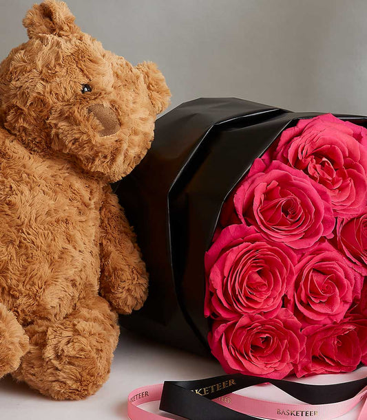 Brown teddy bear with hot pink rose bouquet, Valentine's Day gift set