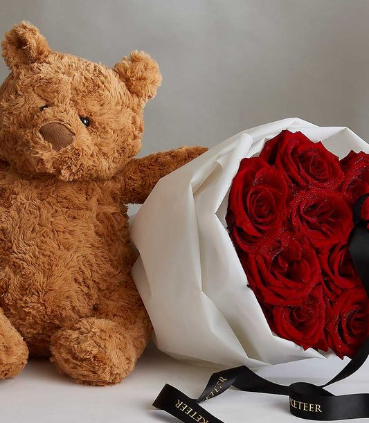 Red roses and brown teddy bear Valentine's gift set with white wrapped bouquet