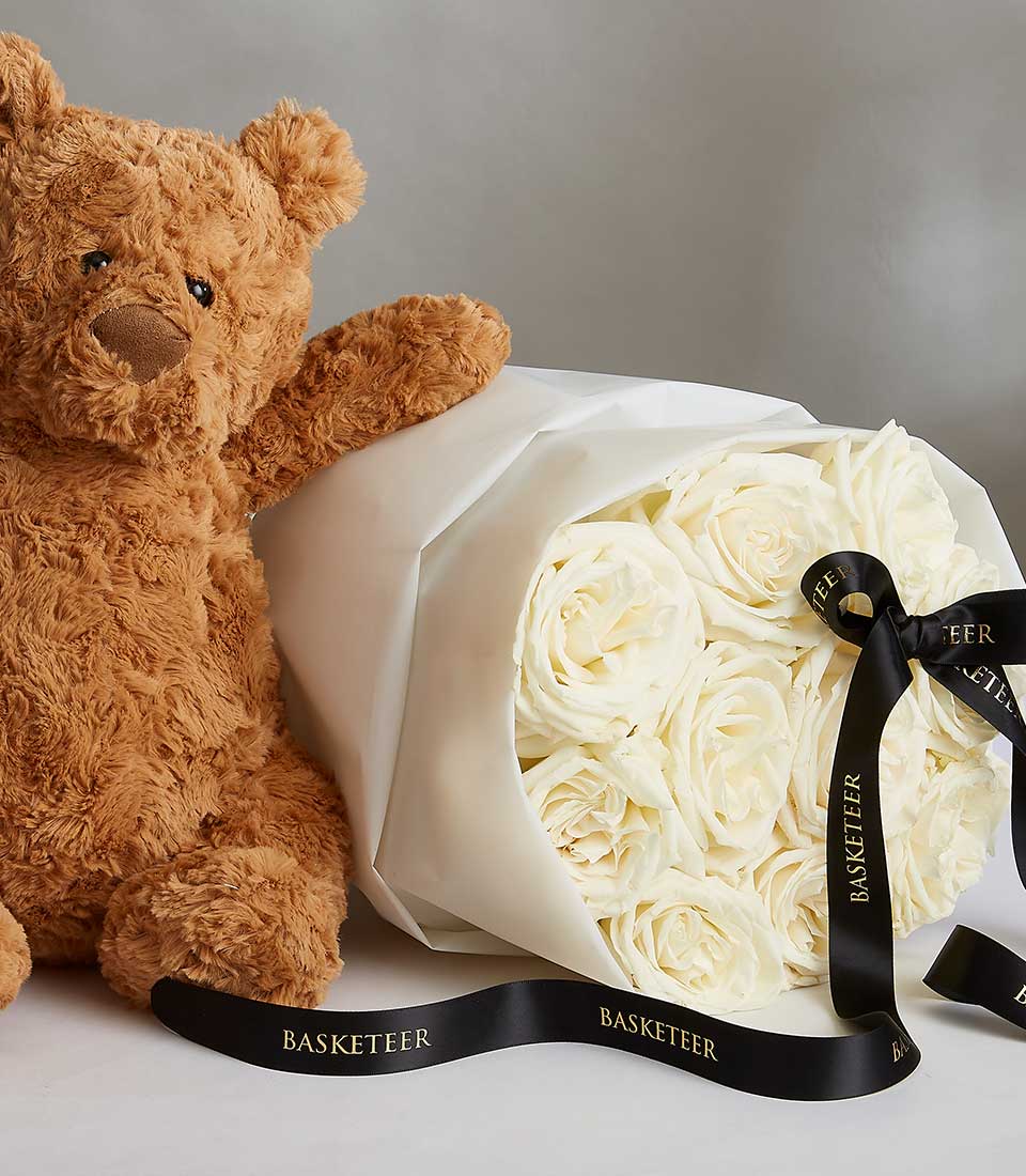 White roses with plush teddy bear, black satin ribbon, Valentine's Day gift combo