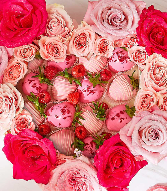 Pink Blush chocolate-covered strawberries and fresh roses in heart-shaped luxury gift box