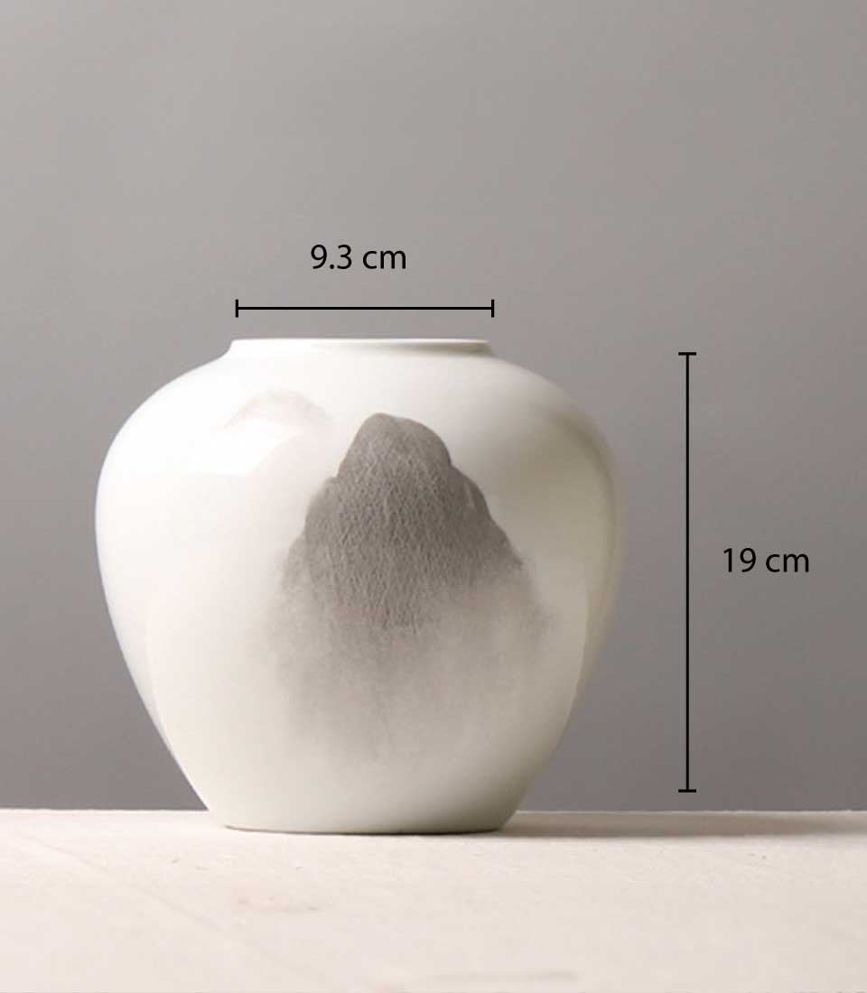 White ceramic vase with grey mountain mist design, minimalist artisan gift