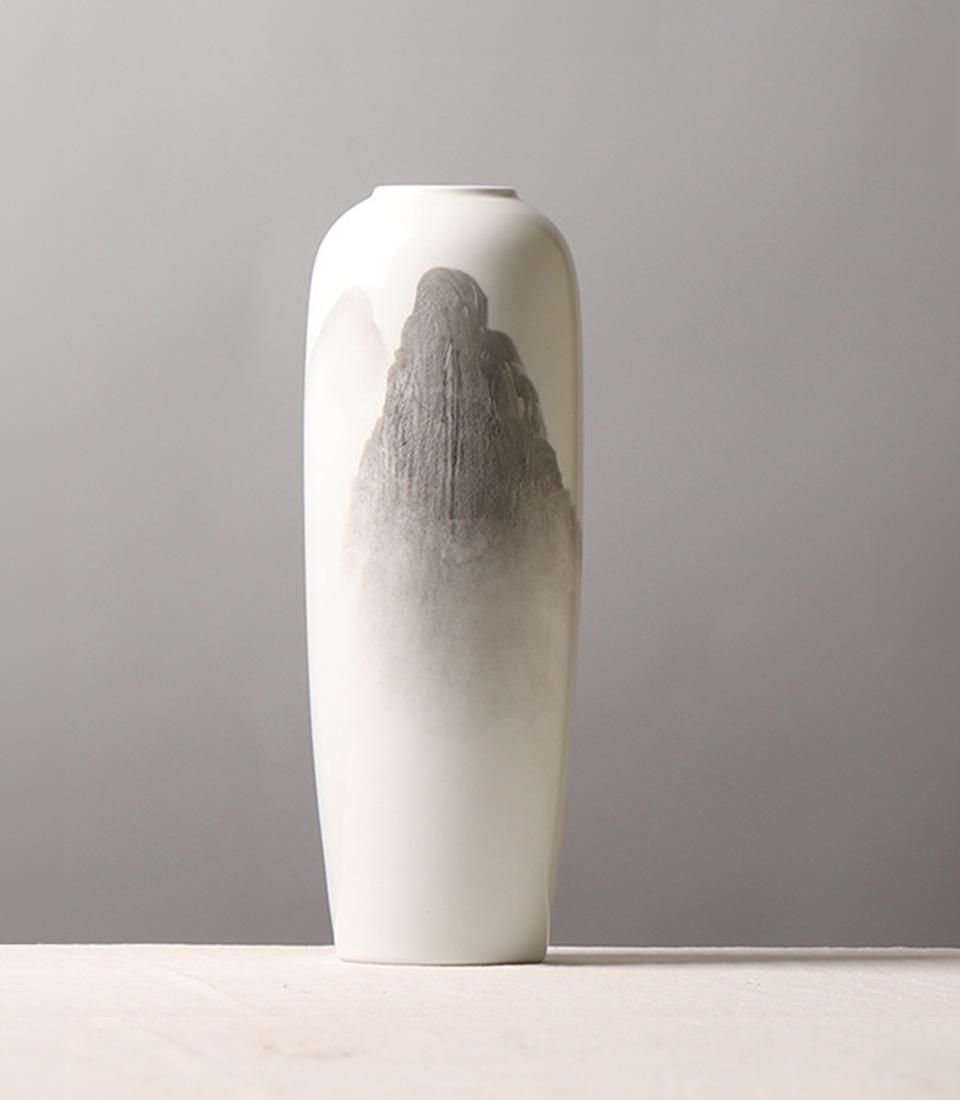 Cream ceramic vase with grey ink-wash mountain landscape design, minimalist artisan gifting piece