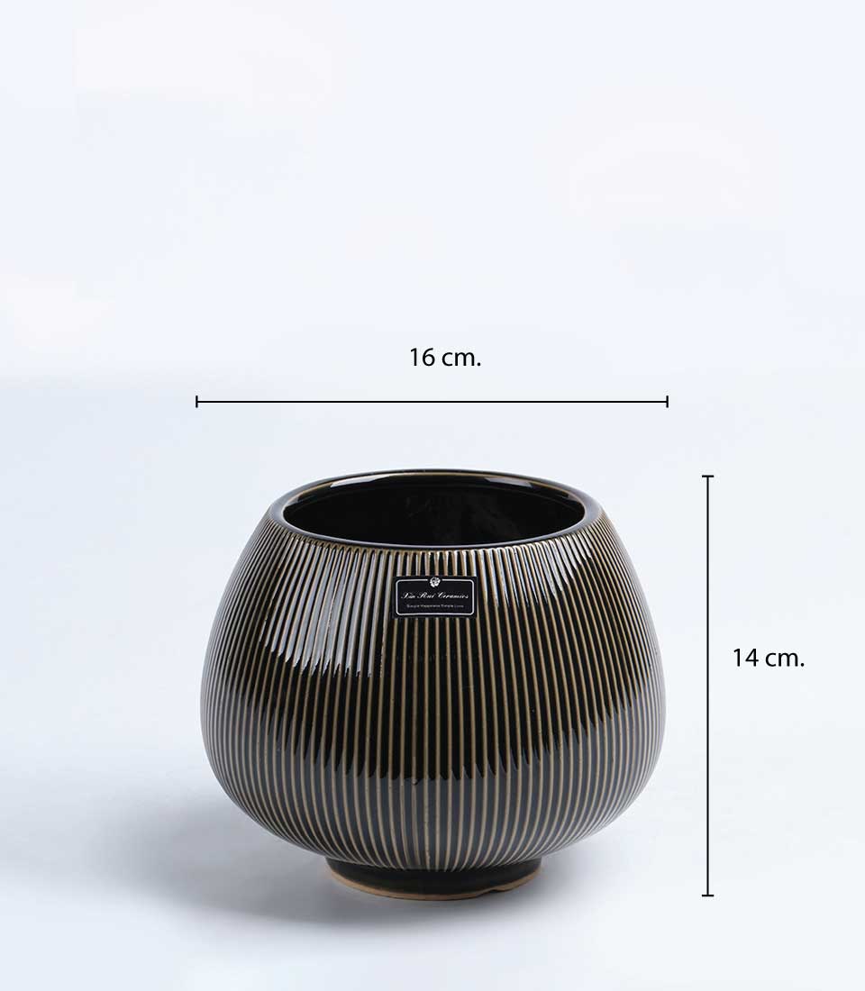Black ceramic vase with gold vertical stripes, glossy finish, 16cm wide, premium gift