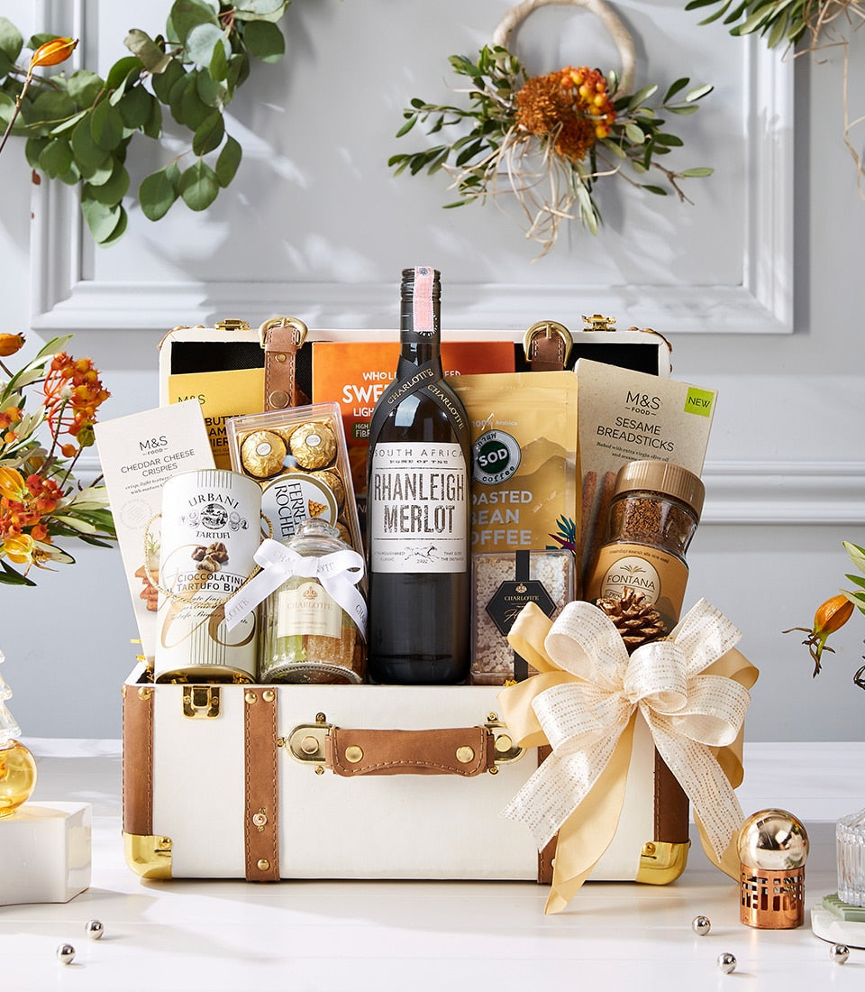 Luxury Rhianleigh Merlot hamper in cream vintage suitcase with gourmet chocolates, coffee, and truffles