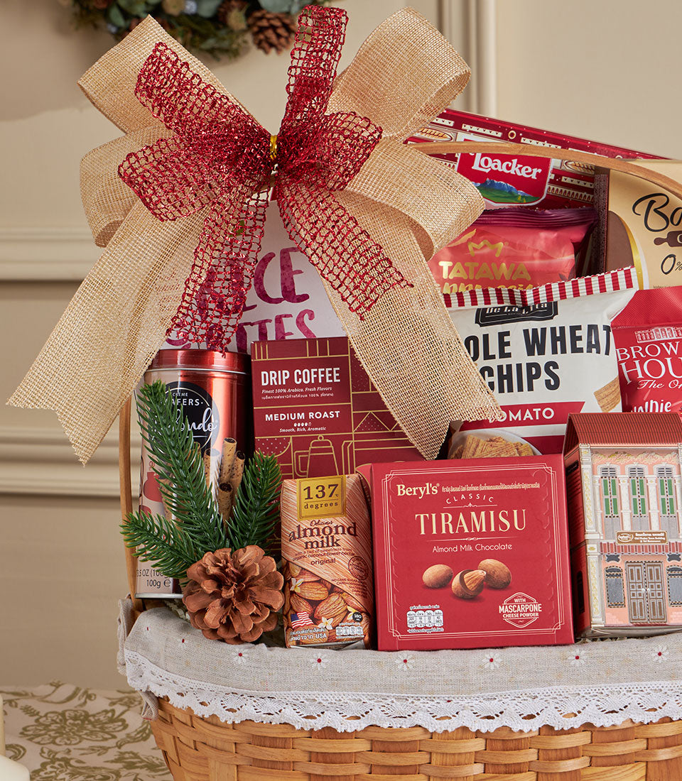 Red Elegance woven gift basket with gourmet coffee, almond milk, tiramisu chocolate, and artisan treats