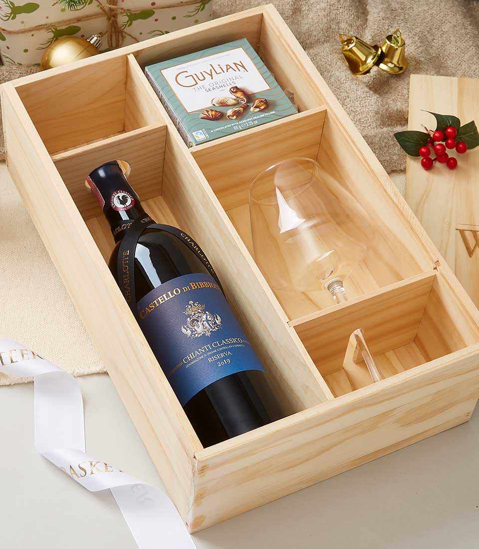 Premium wine and chocolate gift set in natural wooden box with Chianti Classico Riserva and artisan Belgian chocolates