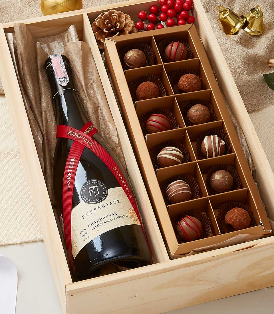 Premium wine and chocolate gift box with Pepperjack Chardonnay and artisan truffles in wooden packaging
