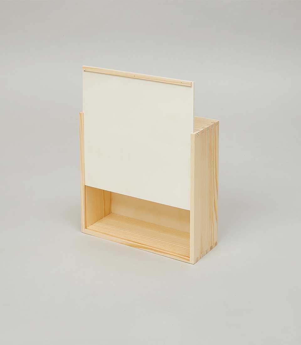 Light pine wooden storage box with cream panel and natural grain finish