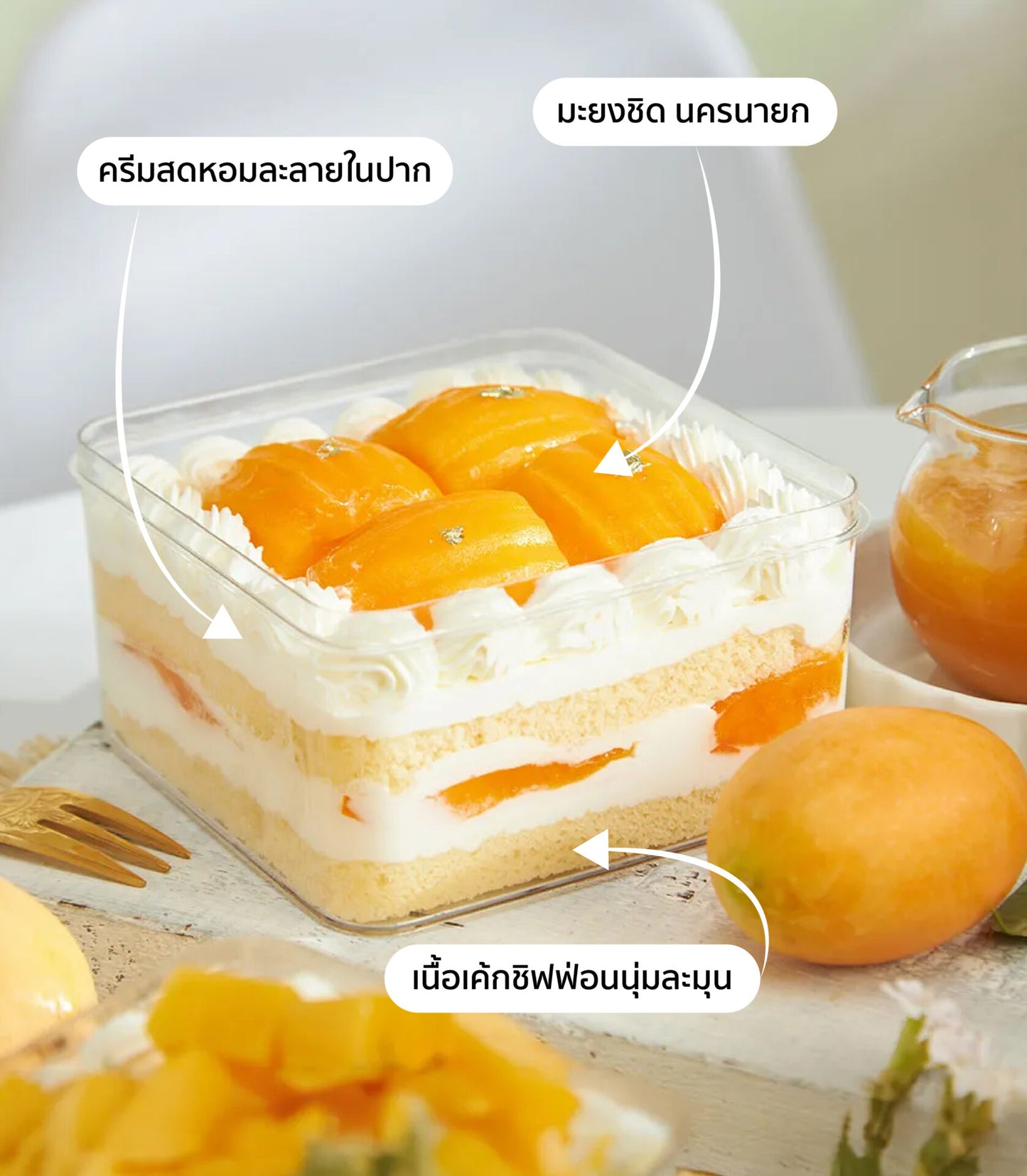 Mini summer soft fresh cream cake with orange fruit layers and tropical garnish in clear packaging