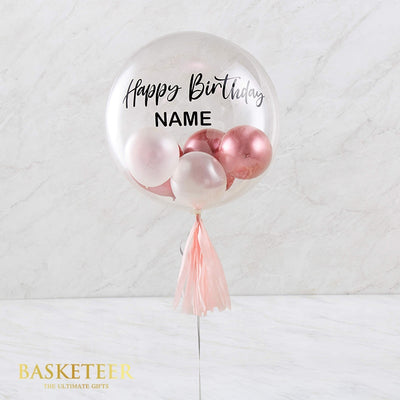 Pink personalised bubble balloon with confetti balloons inside, Happy Birthday gift decoration